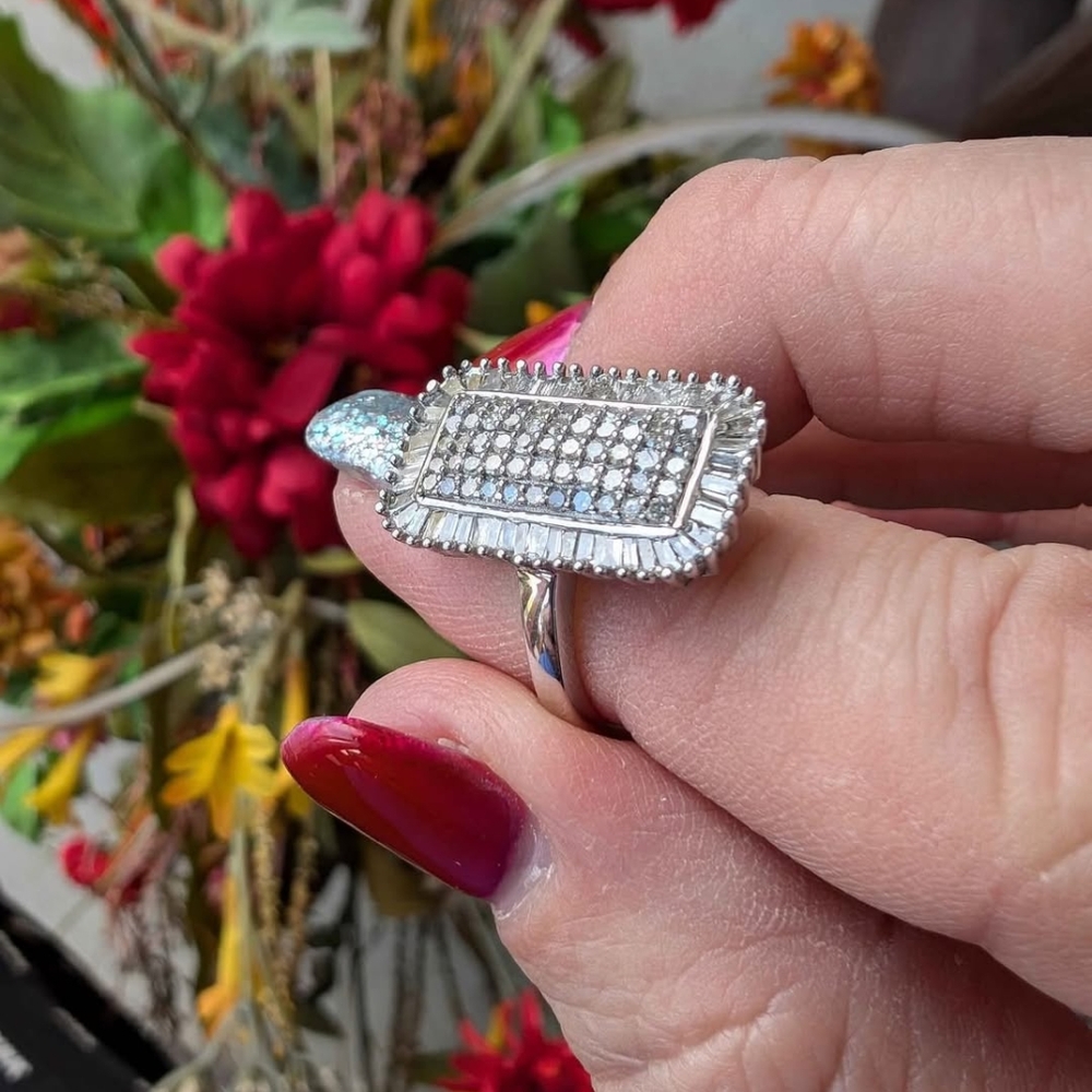 Elegant .925 Silver Round And Baguette Diamond Ring